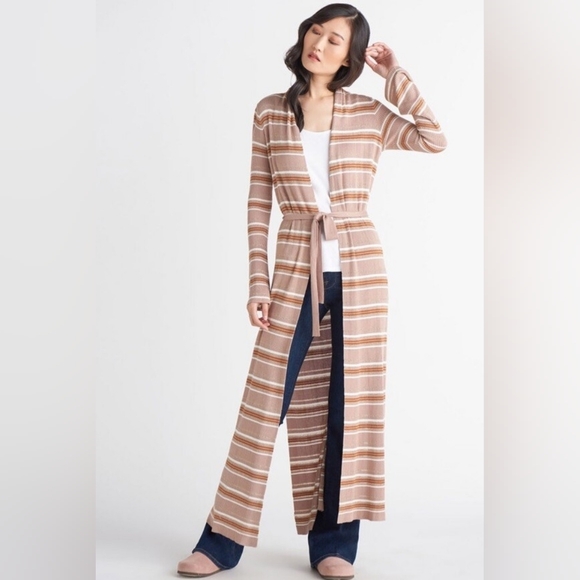 Sweaters - Striped Tan Long Belted Cardigan